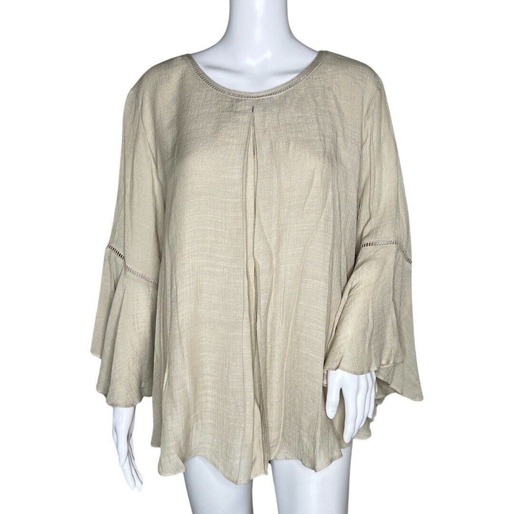 Studio JPR Shirt Womens Medium Beige Bell Sleeve Neutral Minimalist‎ Lagenlook